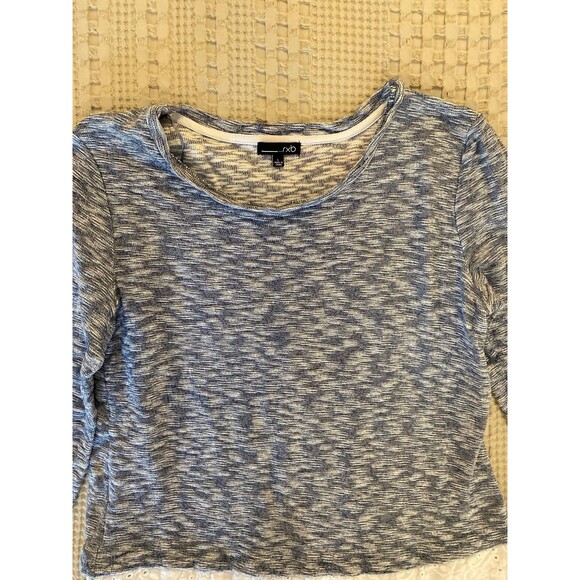 RXB Top Sz Large Blue & White Distressed Wide Eyelet Lace Hem + Stretch Pullover - Picture 2 of 8